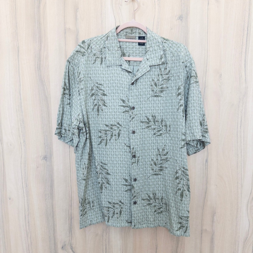 Axist Mens Silk Shirt Large‎ Green Tropical Leaf Short Sleeve Resort Coastal